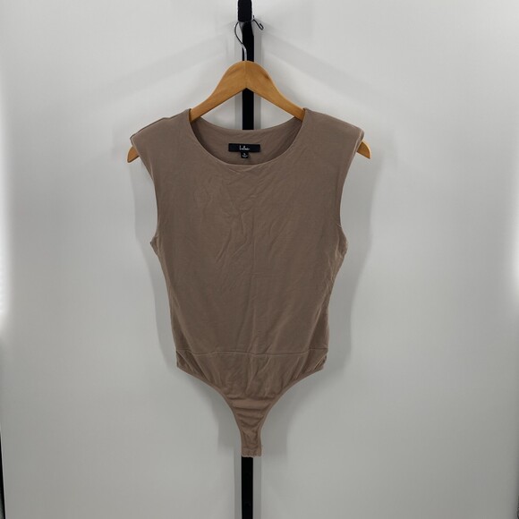 Lulus sleveless bodysuit shoulderpads beige light moka size S‎ - Picture 2 of 8